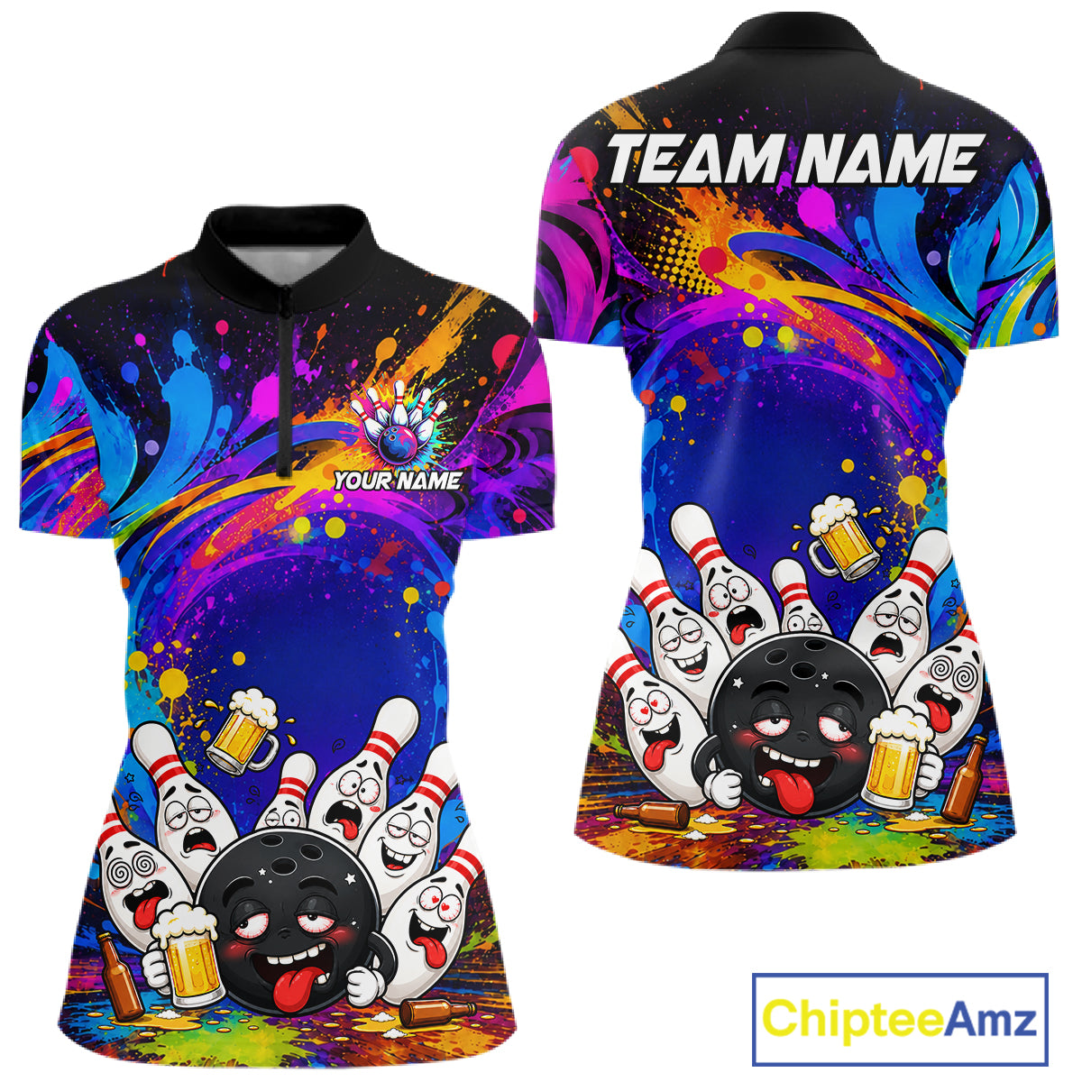 Funny drunk bowling pins colorful bowling team jersey quarter zip shirt for women featuring colorful drunk bowling pins artwork, premium custom bowling apparel.