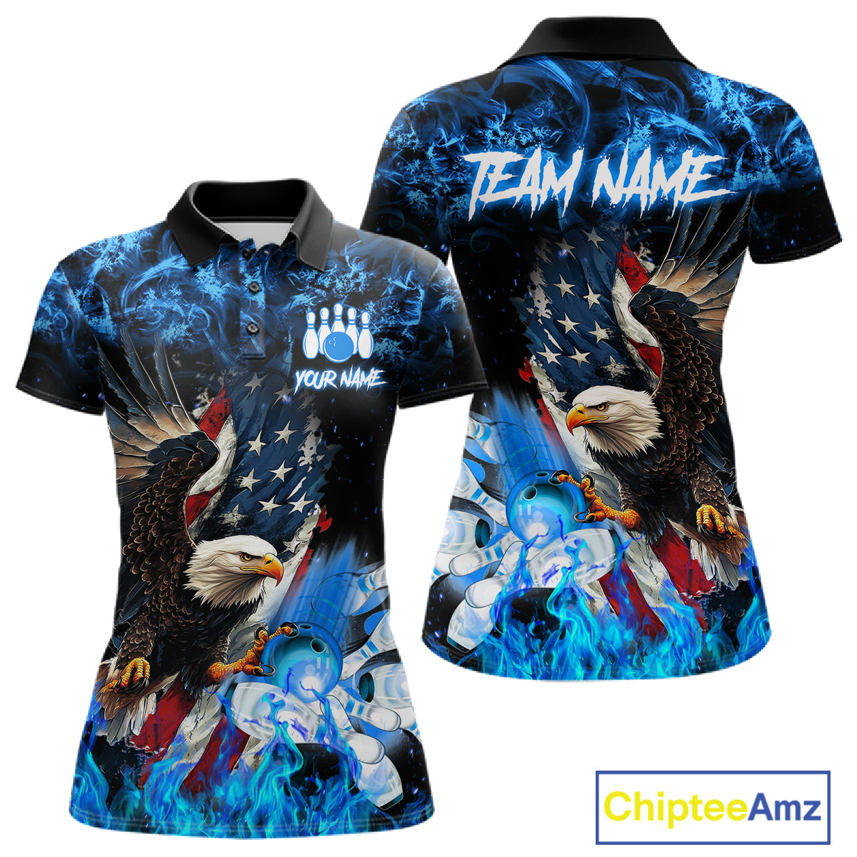 Blue flame American flag eagle bowling team jersey polo shirt for women featuring a patriotic eagle and USA flag design, premium custom bowling league apparel for tournaments and team play.