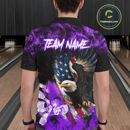 Man wearing purple flame American flag eagle bowling team jersey polo shirt featuring patriotic eagle and American flag artwork, back view.
