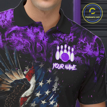 Close-up of purple flame American flag eagle bowling team jersey polo shirt featuring collar, buttons and patriotic eagle American flag artwork.