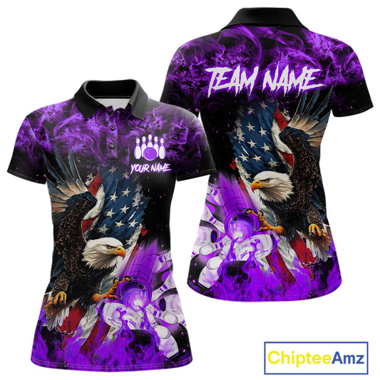 Purple flame American flag eagle bowling team jersey polo shirt for women featuring a patriotic eagle and USA flag design, premium custom bowling league apparel for tournaments and team play.