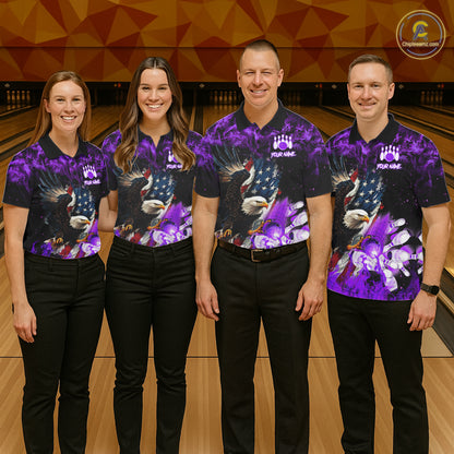 Bowling team wearing matching purple flame American flag eagle bowling team jerseys, front view.