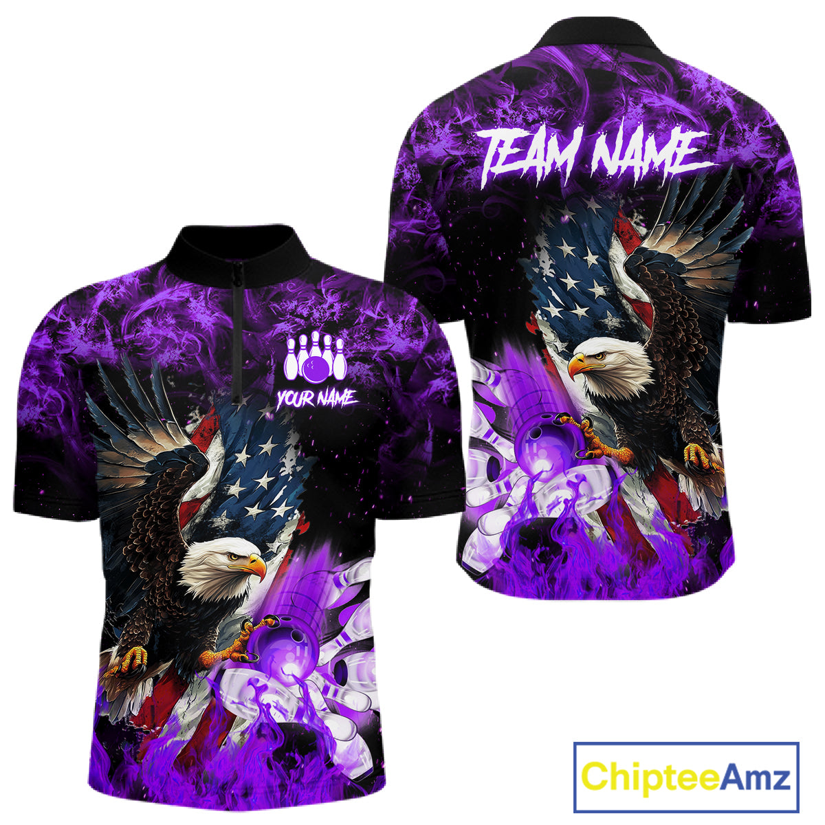 Purple flame American flag eagle bowling team jersey quarter zip shirt for men featuring a patriotic eagle and American flag design, premium custom bowling league apparel.