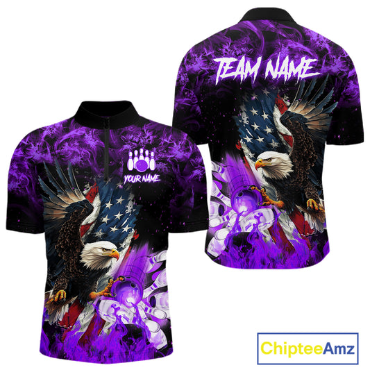 Purple flame American flag eagle bowling team jersey quarter zip shirt for men featuring a patriotic eagle and American flag design, premium custom bowling league apparel.