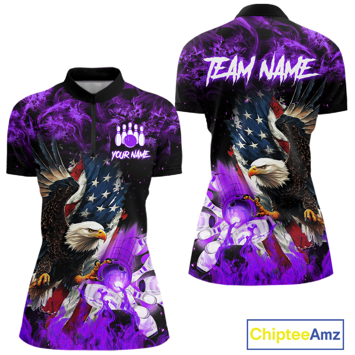 Purple flame American flag eagle bowling team jersey quarter zip shirt for women featuring a patriotic eagle and American flag design, premium custom bowling league apparel.