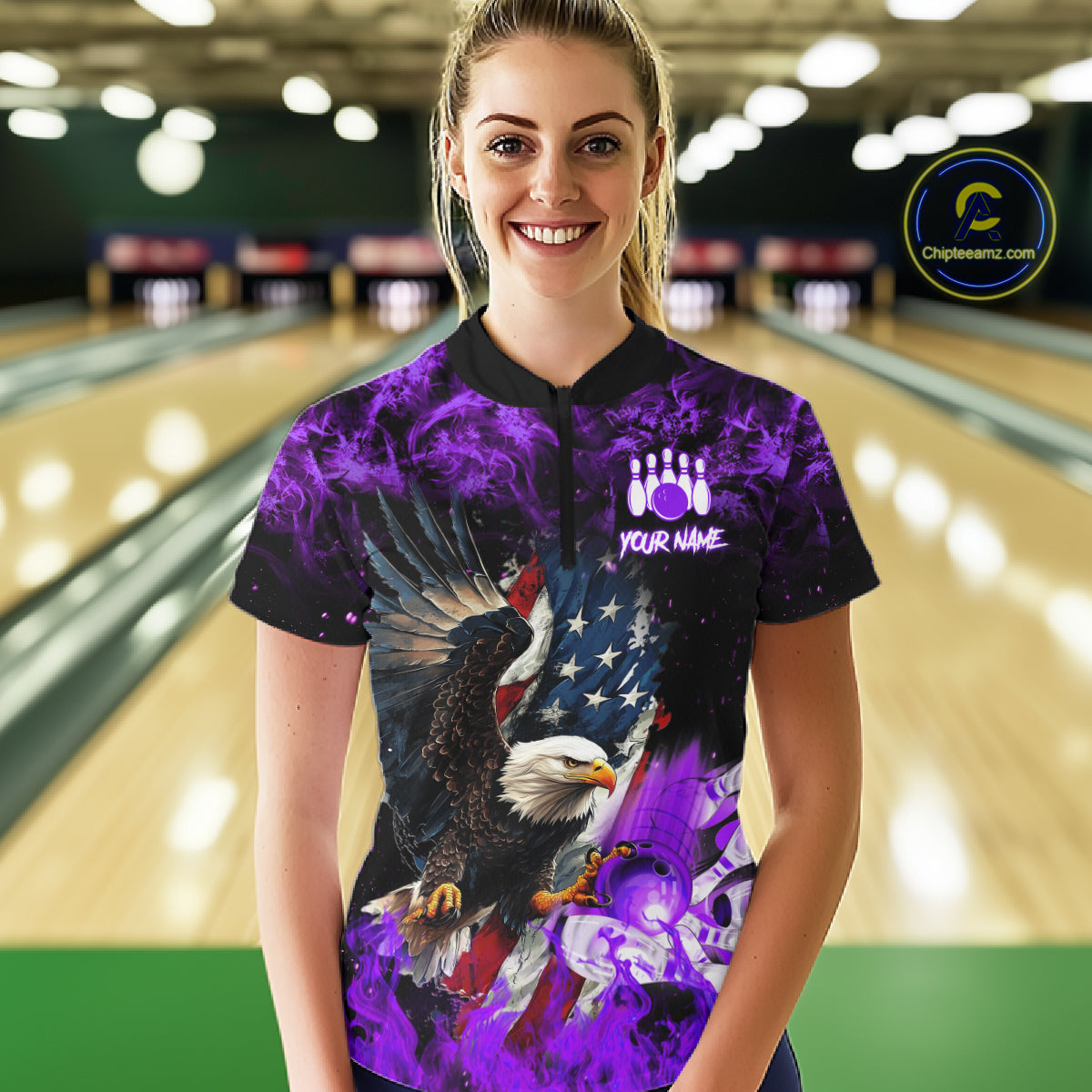Woman wearing purple flame American flag eagle bowling team jersey quarter zip shirt featuring patriotic eagle and American flag artwork, front view.