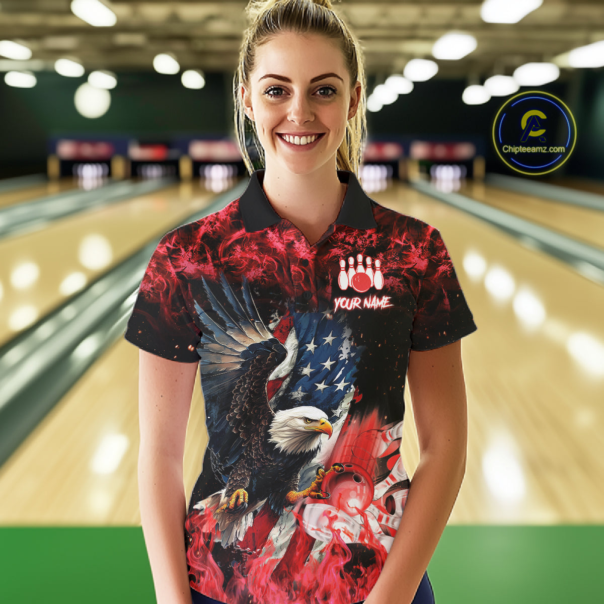 Woman wearing red flame American flag eagle bowling team jersey polo shirt featuring patriotic eagle and American flag artwork, front view.