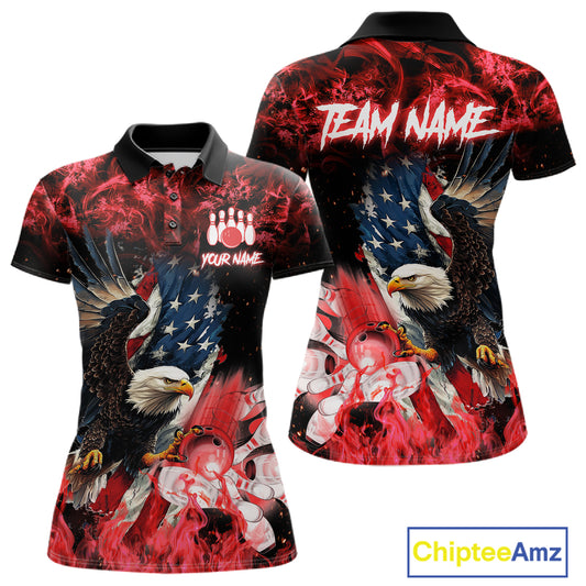 Red flame American flag eagle bowling team jersey polo shirt for women featuring a patriotic eagle and USA flag design, premium custom bowling league apparel for tournaments and team play.