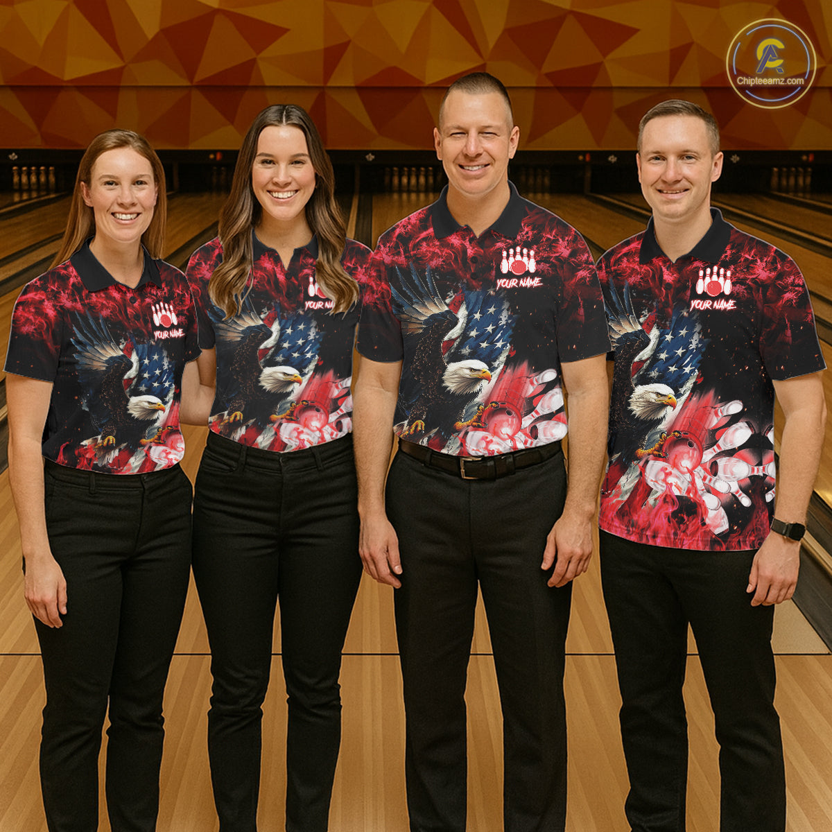 Bowling team wearing matching red flame American flag eagle bowling team jerseys, front view.