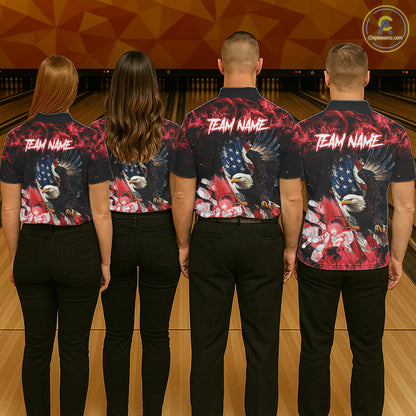 Bowling team wearing matching red flame American flag eagle bowling team jerseys, back view.