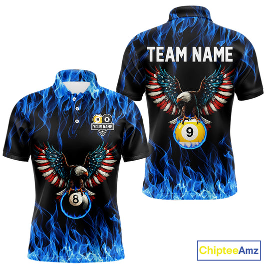 Blue Flaming American Flag Eagle 8 Ball & 9 Ball Billiard Shirt For Men Custom Pool Team Jersey TDM5652