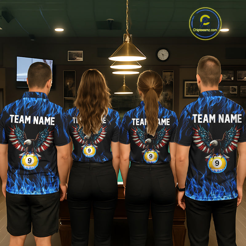 Blue Flaming American Flag Eagle 8 Ball & 9 Ball Billiard Shirt For Women Custom Pool Team Jersey TDM5652