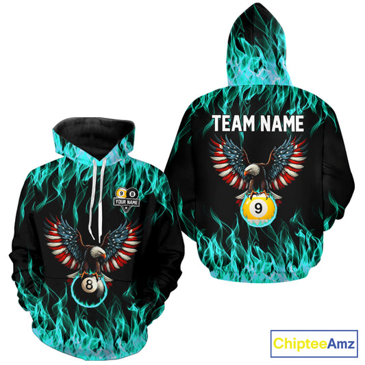 Turquoise Flaming American Flag Eagle 8 Ball & 9 Ball Pool Hoodie Custom Billiard Hoodie Team Jersey TDM5654