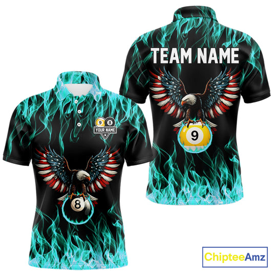 Turquoise Flaming American Flag Eagle 8 Ball 9 Ball Billiard Shirt For Men Custom Pool Team Jersey TDM5654