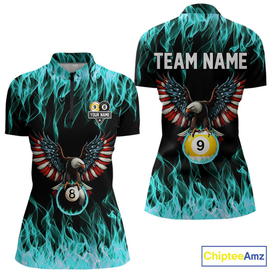 Turquoise Flaming American Flag Eagle 8 Ball 9 Ball Billiard Shirt For Women Custom Pool Team Jersey TDM5654