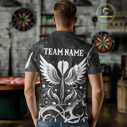 Grey And Black Custom Wings Darts Shirt For Men, Darts Jersey Pocket Option TDM3841