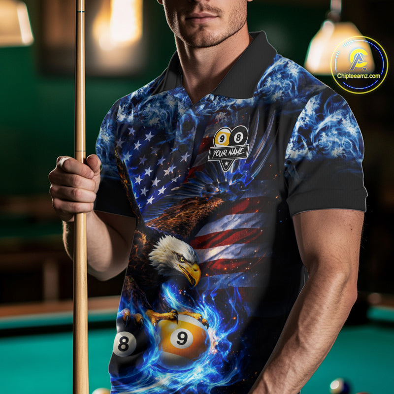 Blue Flaming Eagle 8 Ball 9 Ball Pool Billiard Shirt For Men Custom American Flag Billiard Jersey TDM7161