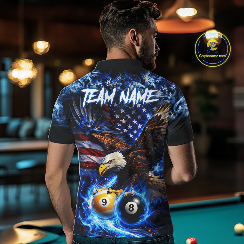 Blue Flaming Eagle 8 Ball 9 Ball Pool Billiard Shirt For Men Custom American Flag Billiard Jersey TDM7161
