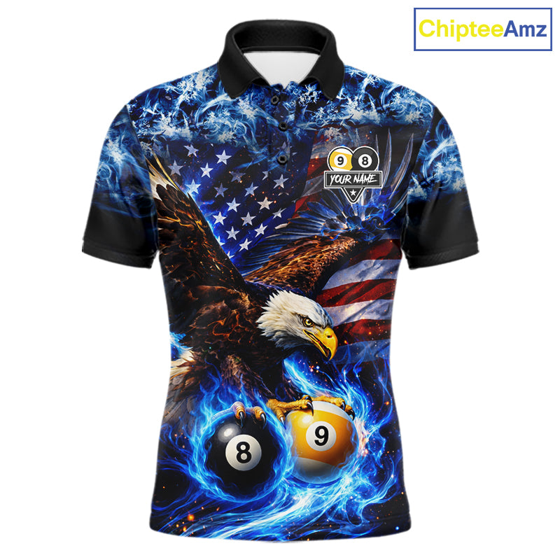 Blue Flaming Eagle 8 Ball 9 Ball Pool Billiard Shirt For Men Custom American Flag Billiard Jersey TDM7161