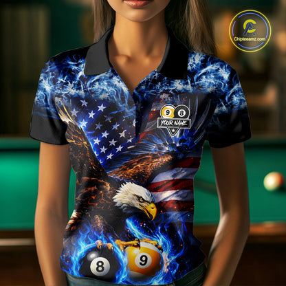 Blue Flaming Eagle 8 Ball 9 Ball Pool Billiard Shirt For Women Custom American Flag Billiard Jersey TDM7161