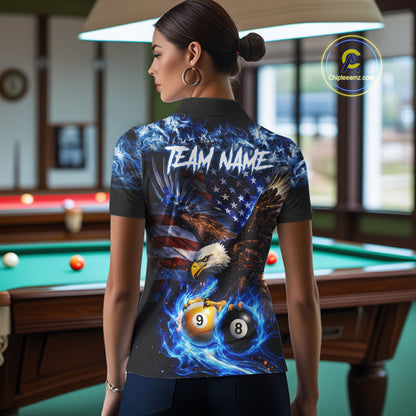 Blue Flaming Eagle 8 Ball 9 Ball Pool Billiard Shirt For Women Custom American Flag Billiard Jersey TDM7161