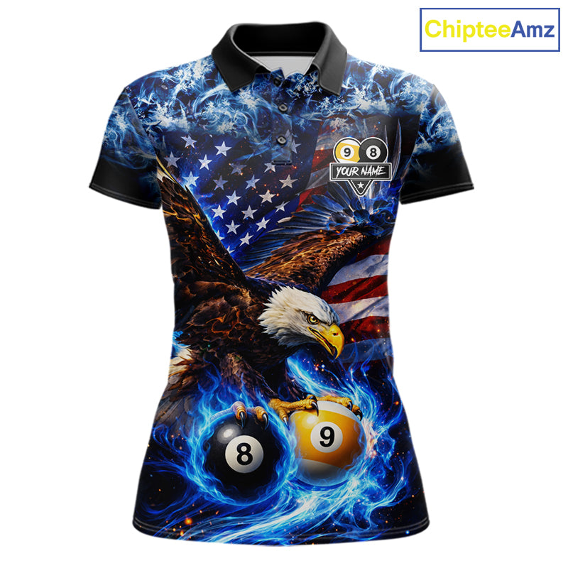 Blue Flaming Eagle 8 Ball 9 Ball Pool Billiard Shirt For Women Custom American Flag Billiard Jersey TDM7161