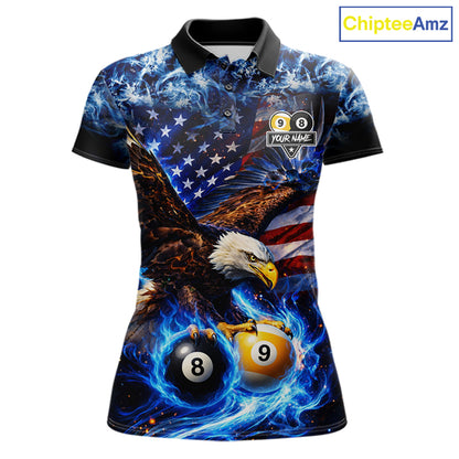 Blue Flaming Eagle 8 Ball 9 Ball Pool Billiard Shirt For Women Custom American Flag Billiard Jersey TDM7161
