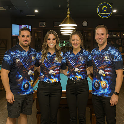 Blue Flaming Eagle 8 Ball 9 Ball Pool Billiard Shirt For Men Custom American Flag Billiard Jersey TDM7161