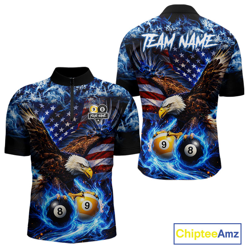 Blue Flaming Eagle 8 Ball 9 Ball Pool Billiard Shirt For Men Custom American Flag Billiard Jersey TDM7161