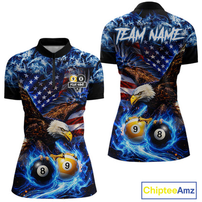 Blue Flaming Eagle 8 Ball 9 Ball Pool Billiard Shirt For Women Custom American Flag Billiard Jersey TDM7161