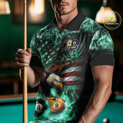 Turquoise Flaming Eagle 8 Ball 9 Ball Pool Billiard Shirt For Men Custom US Flag Billiard Jersey TDM7162
