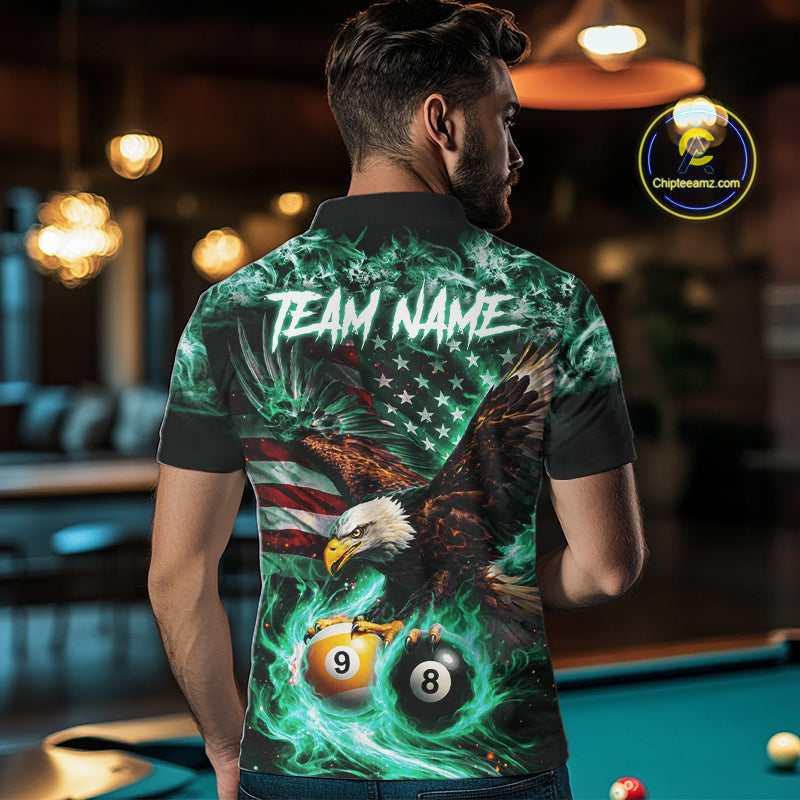 Turquoise Flaming Eagle 8 Ball 9 Ball Pool Billiard Shirt For Men Custom US Flag Billiard Jersey TDM7162
