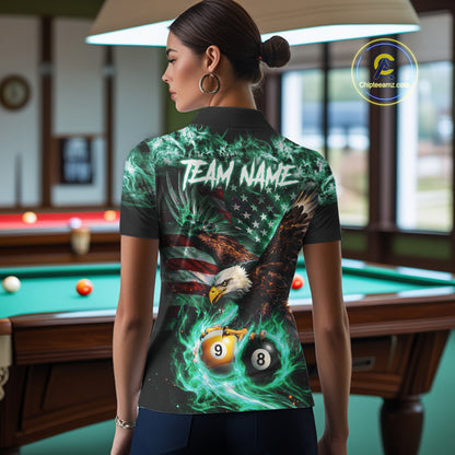 Turquoise Flaming Eagle 8 Ball 9 Ball Pool Billiard Shirt For Women Custom US Flag Billiard Jersey TDM7162