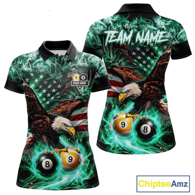 Turquoise Flaming Eagle 8 Ball 9 Ball Pool Billiard Shirt For Women Custom US Flag Billiard Jersey TDM7162