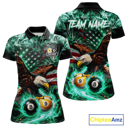 Turquoise Flaming Eagle 8 Ball 9 Ball Pool Billiard Shirt For Women Custom US Flag Billiard Jersey TDM7162
