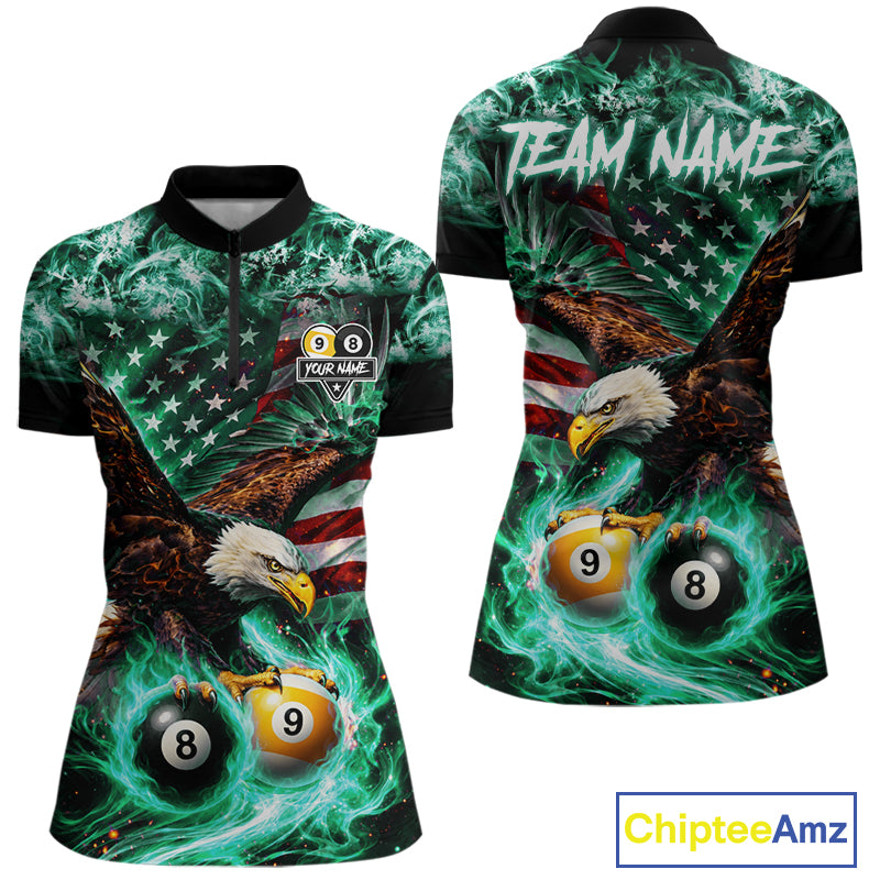 Turquoise Flaming Eagle 8 Ball 9 Ball Pool Billiard Shirt For Women Custom US Flag Billiard Jersey TDM7162
