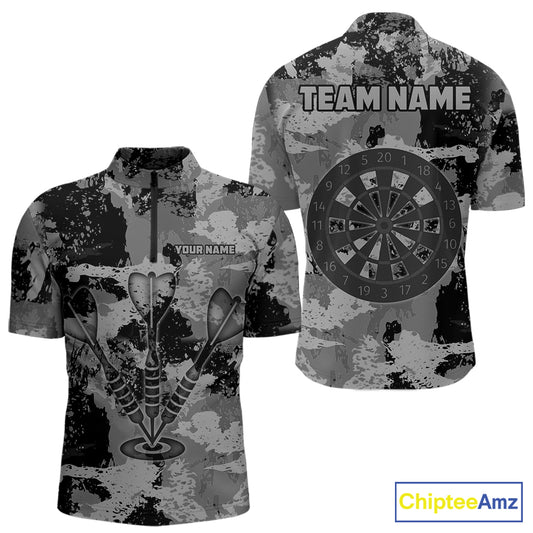 Custom Grunge Grey Camo Arrow Darts Shirts For Men, Retro Darts Jersey Team Polo & 1/4 Zip TDM5665