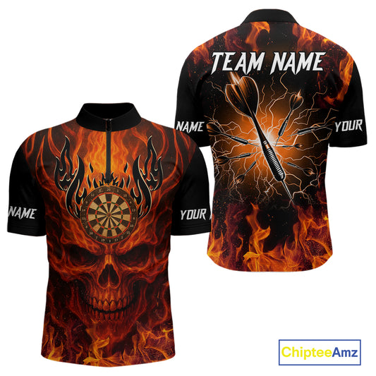Orange Flaming Skull Men's Dart Jerseys Custom Dart Fire Lightning Darts Team Shirt Polo & 1/4 Zip TDM3856