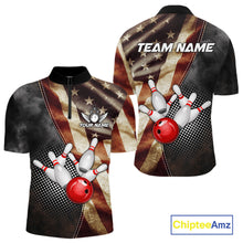 Load image into Gallery viewer, Retro American flag bowling quarter zip shirt for men built for league play and tournaments.
