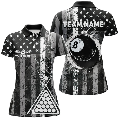 Custom Black Grunge US Flag Patriotic Billiard Shirt For Women Retro 8 Ball Pool Billiard Team Jersey TDM2935