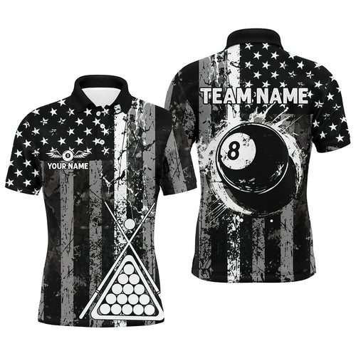 Custom Black Grunge US Flag Patriotic Billiard Shirt For Men Retro 8 Ball Pool Billiard Team Jersey TDM2935