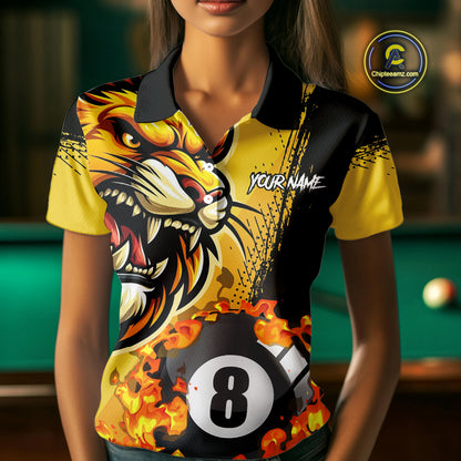 Yellow Funny 8 Ball Pool Flame Custom Lion Billiard Polo & 1/4 Zip Shirts For Women Billiard Jerseys TDM2937