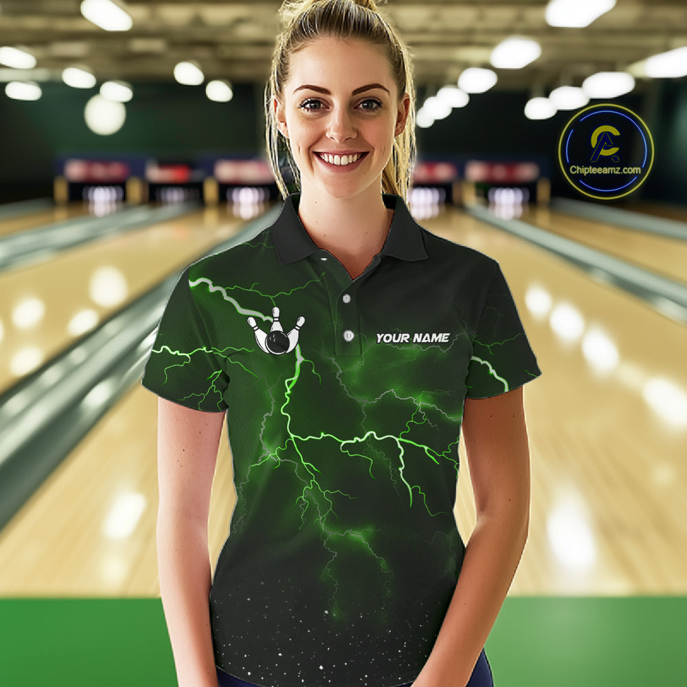 Personalized Thunder Lightning Tornado Funny Bowling Shirt For Women, Bowling Team Jersey |Green TDM5395