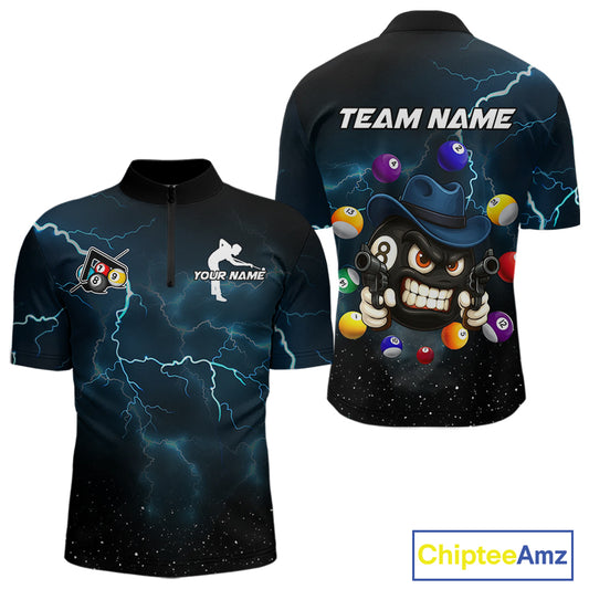 Blue Funny 8 Ball Pool Billiard Shirt For Men Custom Thunder Lightning Billiard Team Jersey TDM5397
