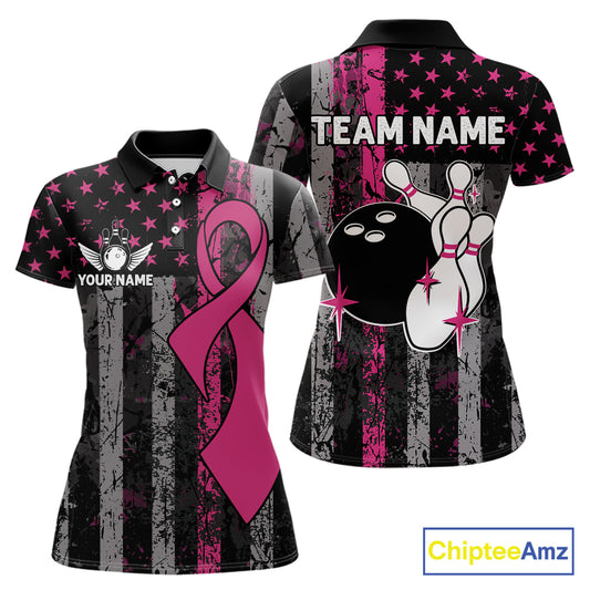 Custom Pink Ribbon Grunge American Flag Bowling Shirt For Women, Breast Cancer Bowling Team Jersey TDM6289