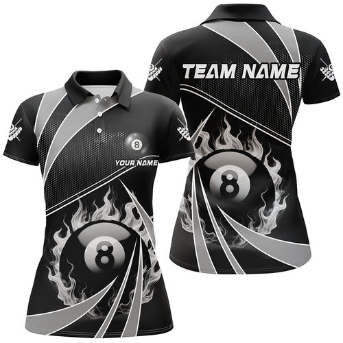 Personalized Grey And Black 8 Ball Pool Fire Custom Billiard Shirt For Women, Billiard Apparel Jersey TDM1974