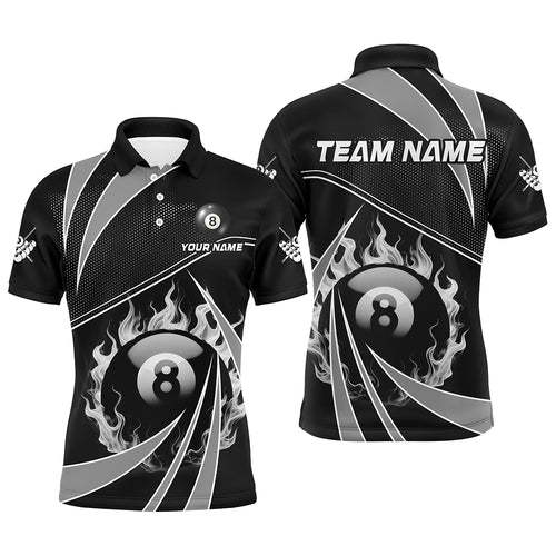 Personalized Grey And Black 8 Ball Pool Fire Custom Billiard Shirt For Men, Billiard Apparel Jersey TDM1974
