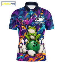Load image into Gallery viewer, Personalized colorful funny frog bowling team jersey polo shirt for men, custom bowling league apparel with vibrant frog design and tournament-ready style.