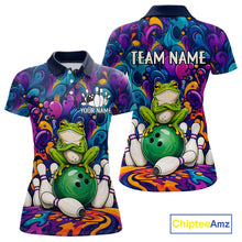 Load image into Gallery viewer, Personalized colorful funny frog bowling team jersey polo shirt for women, custom bowling league apparel with vibrant frog design and tournament-ready style.