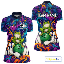 Load image into Gallery viewer, Personalized colorful funny frog bowling team quarter zip shirt for women, custom bowling league jersey with colorful frog artwork.